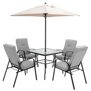 6 Pieces Patio Dining Set with Umbrella and Stackable Cushioned Chairs