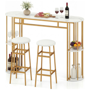 60 Inch Dining Table and 2 Upholstered Barstools with Faux Marble Tabletop-White