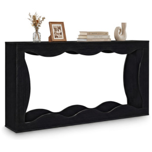 63 Inch Console Table 2-Tier Narrow Entryway Table with Wavy Edge Storage Shelf-Black