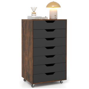 7-Drawer Chest Wooden Storage Dresser with Lockable Wheels-Rustic Brown