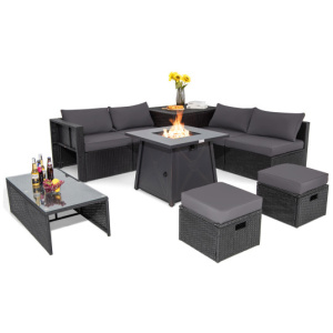 9 Piece Weatherproof Rattan Patio Conversation Set with 30 Inches Propane Fire Pit Table and Dust Covers-Gray