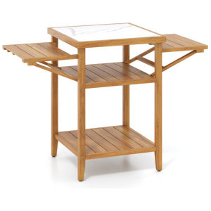 Acacia Wood Outdoor Grill Table with Faux Marble Top and Drop-Leaf Side Panels