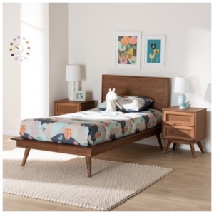 Baxton Studio Melora Twin Panel Bed with 2 Nightstands, Walnut Brown/Brown