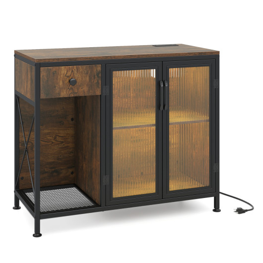 Buffet Sideboard with Doors Power Outlets and LED Light-Rustic Brown