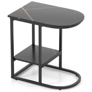 C-shaped Modern Sofa Side Table with Faux Marble Tabletop and Storage Shelf-Black