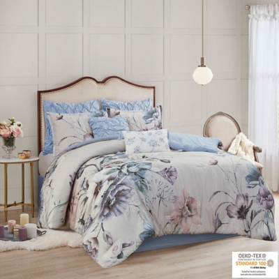 Cassandra Queen 8 Piece Printed Comforter Set, Blue