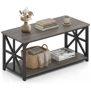 Coffee Table 2-Tier Center Table with Storage Shelf-Oak
