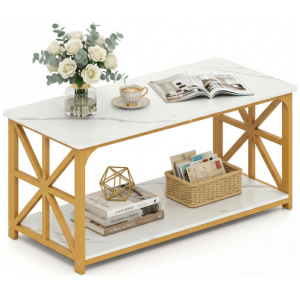Coffee Table 2-Tier Center Table with Storage Shelf-White and Golden