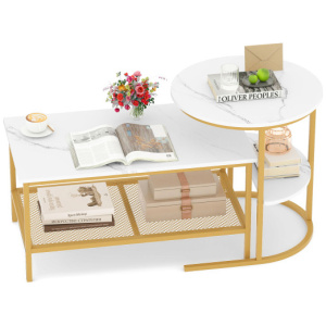 Coffee Table 2-Tier Rectangle Coffee Table and Side End Table with Storage Shelves-White and Golden