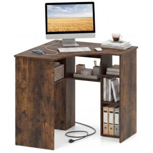 Corner Computer Desk Triangle Home Office Desk with Adjustable Shelf and Arc-Shaped Profile-Rustic Brown