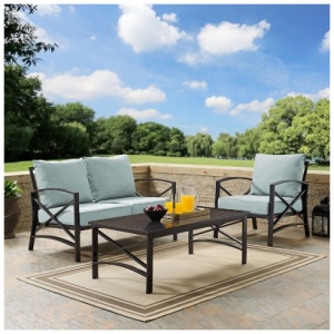 Crosley Furniture Kaplan Outdoor Loveseat and Lounge Chair with Coffee Table, Mist