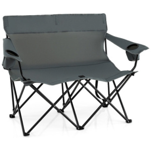 Double Camping Chair 2-Person Outdoor Folding Loveseat with Cup Holders-Gray
