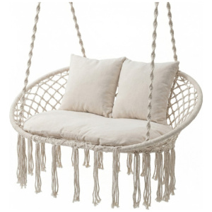 Double Swing Chair with Cushions Macrame Hanging Hammock Chair for Indoor and Outdoor Use-Beige