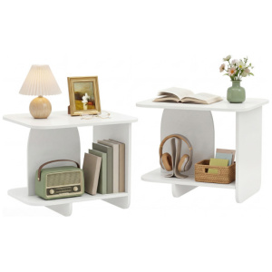 End Table Set of 2 2-Tier Sofa Side Tables with Storage Shelf-White