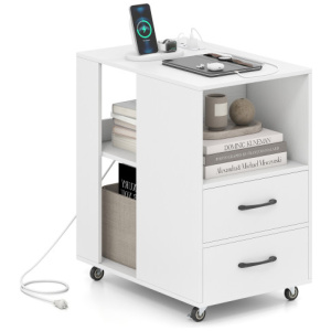 End Table with Built-in Charging Station Sofa Side Bedside Table on Wheels-White