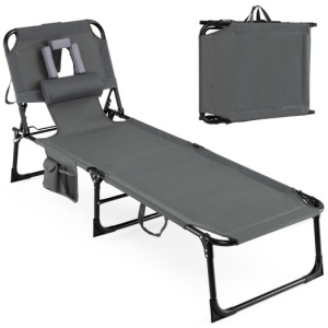 Folding Beach Lounge Chair with Pillow for Outdoor-Gray