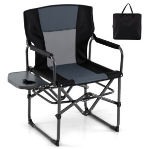 Folding Camping Chair with Side Table and Cup Holder with Carrying Bag-Black & Gray