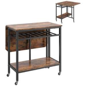 Folding Dining Table with Expandable Laptop with Wine Rack and Wheels-Rustic Brown