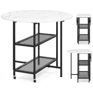 Folding Round Dining Table with Lockable Wheels-White