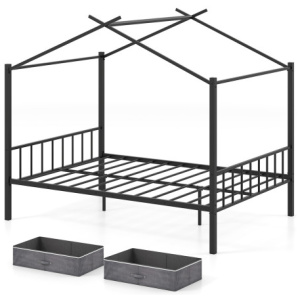 Full Size Metal House Bed with 2 Fabric Drawers for Kids-Black