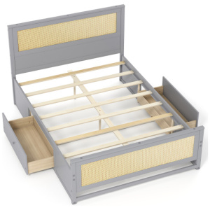Full Size Rattan Bed Frame with Storage Drawers-Gray