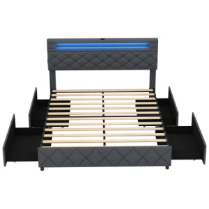 Full/Queen Size Bed Frame with Adjustable Storage Headboard and Wooden Slat Support-Queen Size
