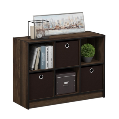Furinno Basic Bookcase Storage with Bins, Walnut/Dark Brown