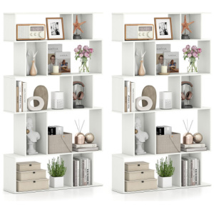 Geometric Bookshelf Set of 2 5-Tier Bookcase with Open Shelves and Closed-back Cubes-White