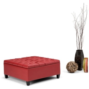 Harrison 36 inch Wide Transitional Square Coffee Table Storage Ottoman in Crimson Red Faux Leather
