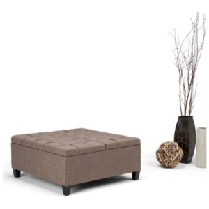 Harrison 36 inch Wide Transitional Square Coffee Table Storage Ottoman in Fawn Brown Linen Look Fabric