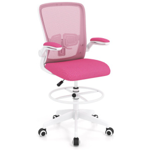 Height Adjustable Drafting Chair with Flip Up Arms for Home Office-Pink