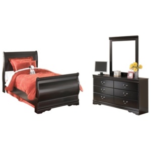 Huey Vineyard Twin Sleigh Bed with Mirrored Dresser and 2 Nightstands, Black
