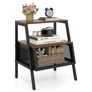 Industrial Nightstand 3-Tier End Table with 2 Open Shelves and Metal Mesh Compartment-Rustic Brown