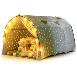 Kids Dream Bed Tent Twin Bunk Bed with Glow in the Dark Stars and Lights-Gray