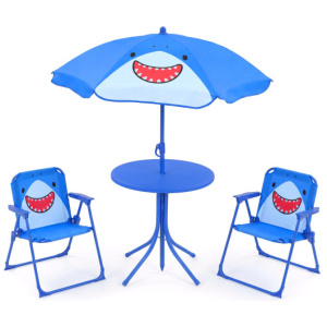 Kids Outdoor Table and Chair Set with 2 Folding Chairs and Height Adjustable Umbrella-Blue