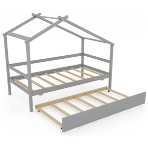 Kids Twin Size House Bed with Trundle and Roof-Gray