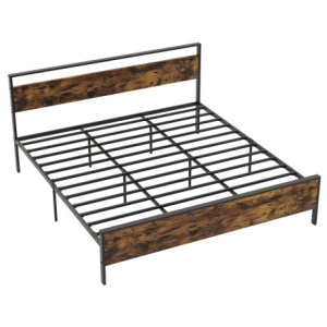 King Metal Bed Frame Industrial Platform Bed with Wooden Headboard-King Size