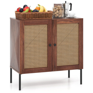 Kitchen Sideboard with 2 Rattan Doors and Adjustable Shelf-Walnut