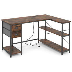 L Shaped Desk with Charging Station Corner Computer Desk with 2 Fabric Drawers-Rustic Brown