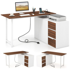 L-Shaped Desk with File Cabinet and Power Outlet Reversible Corner Computer Desk-White