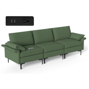 Large 3-Seat Sofa Sectional with Metal Legs and 2 USB Ports for 3-4 people-Green