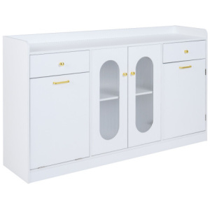 Large Buffet Cabinet Hidden Tilt Out Trash Can Cabinet with 2 Glass Doors-White