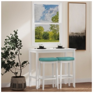 Linon Claridge Bar Height Dining Table and 2 Bar Stools, White/Teal