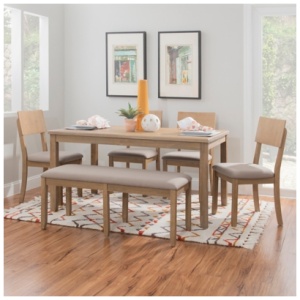 Linon Jocey Dining Table and 4 Chairs and Bench Set, Graywash