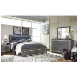 Lodanna King Panel Bed with 2 Storage Drawers with Mirrored Dresser, Gray