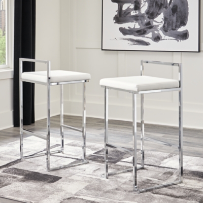 Madanere Bar Height Bar Stool with Upholstered Seat Leather, White/Chrome Finish