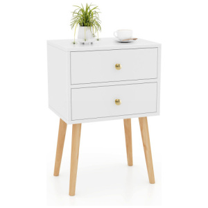 Mid Century Modern 2 Drawers Nightstand in Natural-White