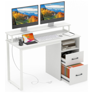 Modern Computer Desk with Power Outlets and File Drawer-White