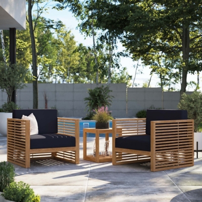 Modway Carlsbad Outdoor Side Table and 2 Armchairs, Natural Navy