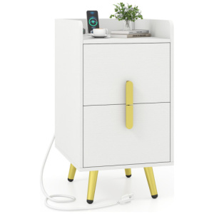Nightstand Side Tables with 2 Drawers and 2 USB Ports-White
